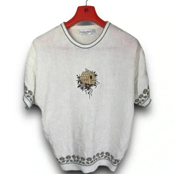 Vtg Cottagecore Short Sleeve‎ Sweater Embroidered Birdhouse Garden Floral USA L - Picture 2 of 11